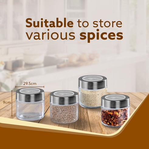 Elegant Glass Spice Jar with Metal Stand, Pack of 4, 100Ml Each, Transparent Body, Steel lid with transparent plastic, Stores Spices