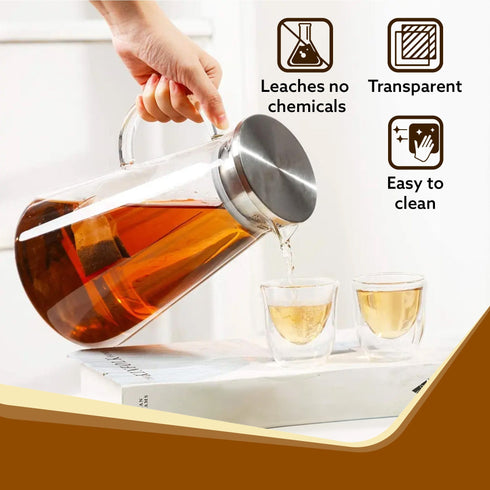 Elite Borosilicate Water Jug 1.8Ltr, Stainless Steel Air Tight lid, Iced Tea Pitcher, Water Jug, Hot Cold Water, Milk and Juice Beverage Carafes