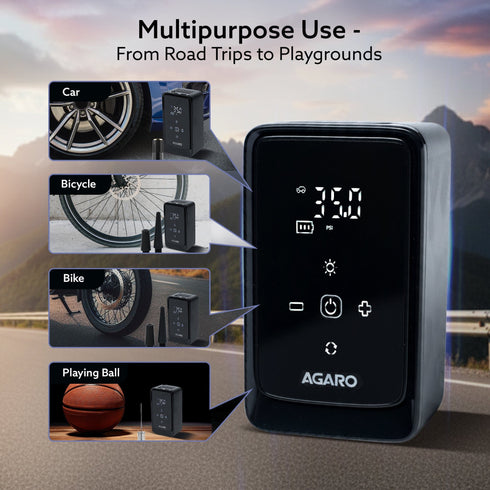 Atom Cordless Tyre Inflator, 150 PSI, 4500mAh Battery, Auto Shut-Off, Digital Display, LED Light, USB-C Charging, 12V DC Output, for Cars, Bikes, Balls & Inflatables