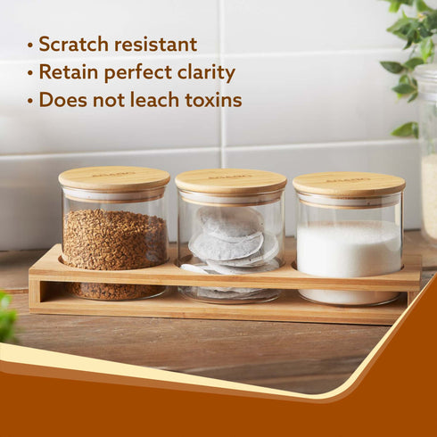 Elite Borosilicate Glass Jar 210 ml With Wooden Rack, Storage Glass Container, Transparent, Kitchen Organiser, Multipurpose Jar, Pack of 3