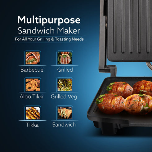 Royal Grill Sandwich Maker, Non Stick Coated Grill Plates, Stainless Steel Body, Oil Collector Tray, 1000W, 90 Degrees Floating Hinges, Panini/Grill/Toast (Black)