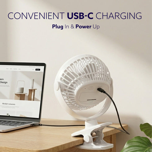 Regal Portable Clamp Fan | Rechargeable USB-C Compatible Table Fan with 3 Speeds, Multi-Clip Function, 3400 RPM & 5 Hours Runtime | 5-Inch Quiet Mini Fan for Home, Office, Car & Kitchen | White