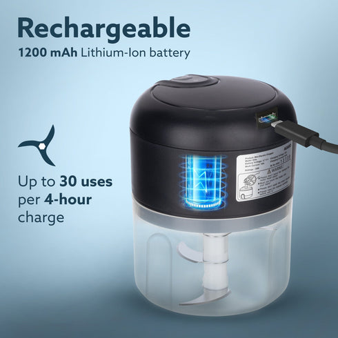 Elite Rechargeable Mini Electric Chopper, Food Grade Bowl, Stainless Steel Blades, Rechargeable, One Touch Operation, for Chopping Garlic, Ginger, Onion, Vegetable, Nuts, 250 Ml, Black
