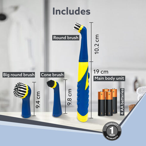 Regal Cleaning Brush for Household, Toilet, Kitchen, Bathroom Cleaning, High Speed Oscillating Technology, Long Handle, 3 Heads for Scrubbing / Removing stain, Dirt, Cordless, Blue & Yellow