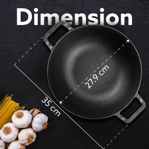 Royal Pre Seasoned Cast Iron Kadai with Glass Lid, No Chemical Coating, Rigid Iron Handle, 4.3L, Uni-Body Design, Fast Heating, Heavy Weight, Gas & Induction Oven Compatible, Cooking, Black