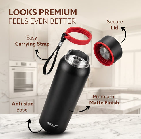 Elegant 700ml Stainless Steel Water Bottle, Up to 24 Hrs. Hot & Cold, ISI Certified, Triple Vacuum Insulated, Leak-Proof, Rust-Proof, BPA-Free, for Office, Travel, Gym, 1Y Warranty, Gun Black