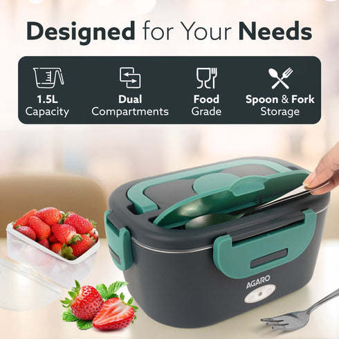 Electric Lunch Box, 1.5L Food Heater for Daily Office Use & Travel, Portable Food Warmer, Stainless Steel Container, Reheat in 30 Min, Leak-Proof, Detachable Cord, 2 Compartment, PTC Heating