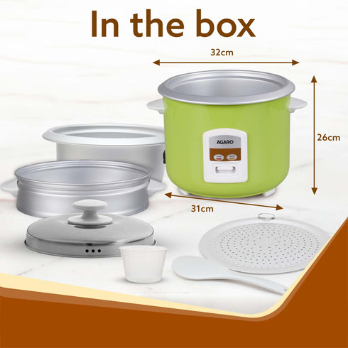 Marvel Electric Rice Cooker, 1.8L, 700W, Automatic Boiler, Steamer, Removable Aluminium Pot, Stainless Steel Lid, Keep Warm Function, Trivet Plate, Rice, Veggies, Green