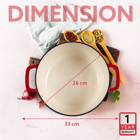 Royal Enamelled Cast Iron 5L Casserole with Lid, Cooking Pot, No Chemical Coating, Fast Heat, Heavy Weight, Gas & Induction Oven Compatible, for Meat, Dal, Curry, Biryani, Pulao, Red
