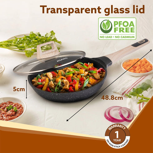 Imperial Granite Non Stick Fry Pan with Glass Lid, 3L / 28cm, Cast Aluminium Body, Omelette Egg Pan, Fish Fry Pan, Gas & Induction Compatible, Dark Grey