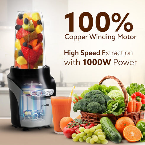 Marvel Nutri Blender, BPA Free 2 Tritan Jars, 1000W, 100% Copper Motor, 2 Speed Modes with Pulse, Detachable Base, Stainless Steel Blades, Blend, Mix, Grind, Smoothie, Juice Maker, Black