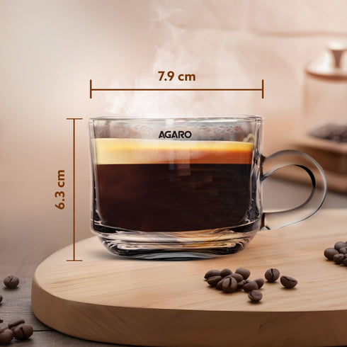 Elegant Glass Cup, 180ml, Set of 6, Crystal Clear Espresso Coffee Cup, Toughened Glass Wall with Handle, for Hot Coffee, Cappuccino, Milk, Latte, Green Tea & Black Tea