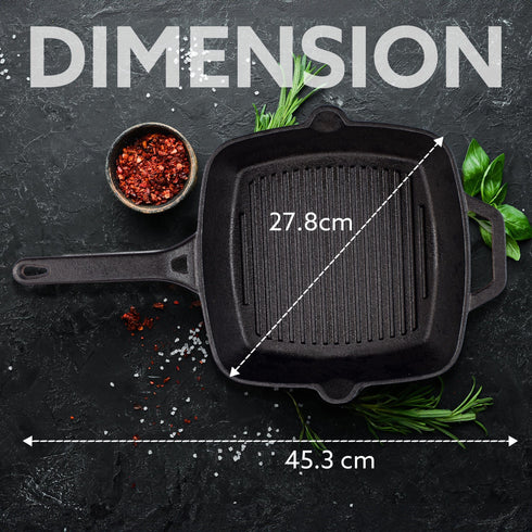 Royal Pre Seasoned Cast Iron Grill Pan, 24cm Diameter, 1.9L, No Chemical Coating, Rigid Handles, Fast Heating, Heavy Weight, Gas Oven & Induction Compatible, Frying, Cooking