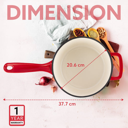 Royal Enamelled Cast Iron Sauce Pan with Lid, 19 Cm Diameter, 1.9 Liter Capacity, No Chemical Coating, Heavy Bottom, Fast Heating, Gas & Induction Oven Compatible, Milk/Tea Pan, Boiling, Red