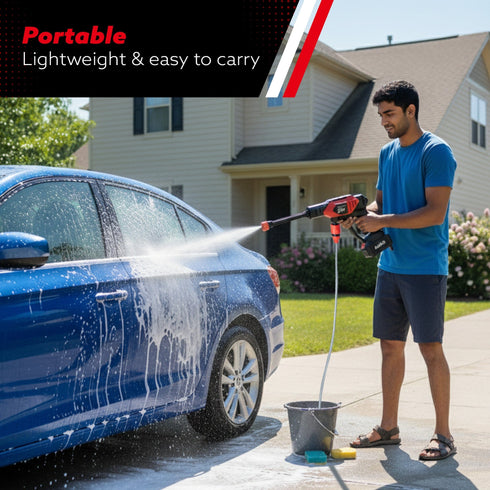 Marvel Cordless High Pressure Washer Gun | 24V Rechargeable Battery (2 x 1500mAh) | 110–240V | 10 Bar | 6-in-1 Adjustable Nozzle | 5M Hose Pipe | Car & Bike Wash | Premium Build with Cloth