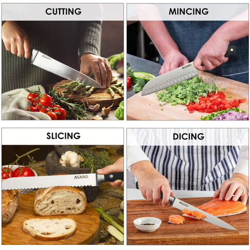 Galaxy 9 Pcs Kitchen Knives Set with Wooden Case, 7 Knives, 1 Knife Sharpener, 1 Wooden Case, High Carbon Stainless Steel, Non Slip Triple Rivet Strong Handle, Cooking, Cutting, Slicing, Silver