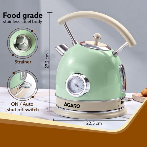 Regency Vintage Kettle 1.8L with Temperature Gauge, Hot Water Boiler & Tea Heater with Curved Handle, Visible Water Level Line, Led Light, Auto Shut-Off & Boil-Dry Protection, Green