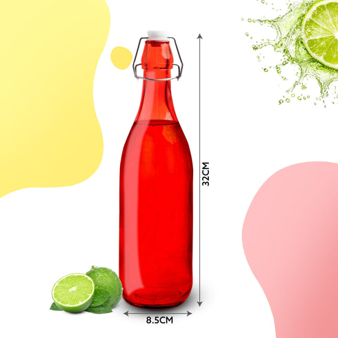 Elegant Flip Top Glass Bottle 1L Red, 1000ml, Freezer Safe & Leakproof Flip Cap, Red Colour & Stylish