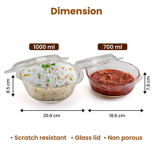Elite Glass Casseroles With Lid - Set of 2 - 700, 1000 ml