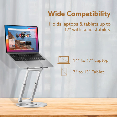 Foldable Laptop Stand Holder, 360° Rotating, Premium Metal Alloy, Ergonomic, Height Adjustable with Anti-Slip Silicone Pads, Heat Vent, Made for MacBook, HP, Dell, Lenovo, Laptops Up to 17"