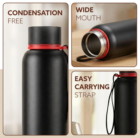 Elegant 700ml Stainless Steel Water Bottle, Up to 24 Hrs. Hot & Cold, ISI Certified, Triple Vacuum Insulated, Leak-Proof, Rust-Proof, BPA-Free, for Office, Travel, Gym, 1Y Warranty, Gun Black