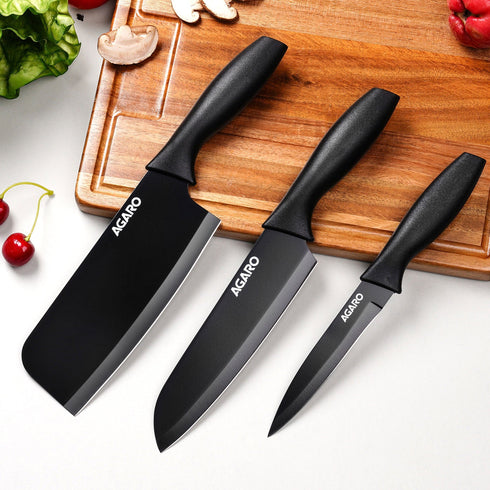 Royal 3in1 Kitchen Knife Set, Stainless Steel 3 Piece Set, Sharp Blades with Ergonomic Handle for Home Kitchen and Restaurant, Black