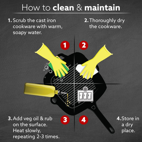 Royal Pre Seasoned Cast Iron Grill Pan, 24cm Diameter, 1.9L, No Chemical Coating, Rigid Handles, Fast Heating, Heavy Weight, Gas Oven & Induction Compatible, Frying, Cooking