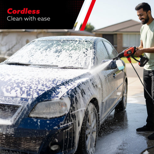 Marvel Cordless High Pressure Washer Gun | 24V Rechargeable Battery (2 x 1500mAh) | 110–240V | 10 Bar | 6-in-1 Adjustable Nozzle | 5M Hose Pipe | Car & Bike Wash | Premium Build with Cloth