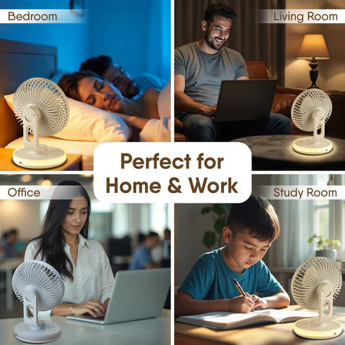 Alpha Desktop Fan with Light, 6 Inches, 4 Speeds, Oscillating Table Fan, Brushless Motor, Wide Angle Adjustment, USB Rechargeable, Ultra Quiet, Personal Mini Fan for Home Office Bedroom, White