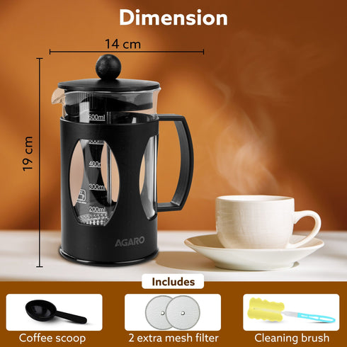 Elite French Press Coffee And Tea Maker, Borosilicate Glass Body With Sleeves, Glass Carafe, BPA Free Plastic Lid Strainer, 600Ml