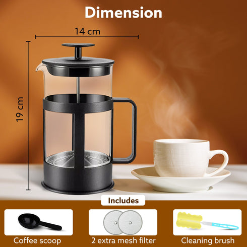 Delite French Press Coffee And Tea Maker, Borosilicate Glass Body With Sleeves, Glass Carafe, BPA Free Plastic Lid Strainer, 600Ml