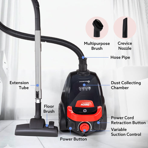 ICON Bagless Vacuum Cleaner , 1600Watts, For Home Use, Cyclonic Suction System, 24 kPa S uction power, Adjustable Suction Controller, Dry Vacuuming, 1.5L Bagless Dust Collector, Black and Red