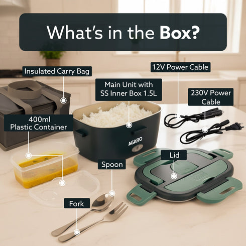 Electric Lunch Box, 1.5L Food Heater for Daily Office Use & Travel, Portable Food Warmer, Stainless Steel Container, Reheat in 30 Min, Leak-Proof, Detachable Cord, 2 Compartment, PTC Heating