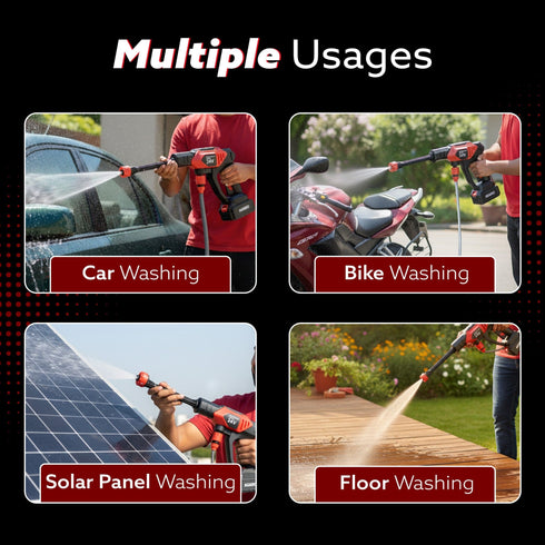 Marvel Cordless High Pressure Washer Gun | 24V Rechargeable Battery (2 x 1500mAh) | 110–240V | 10 Bar | 6-in-1 Adjustable Nozzle | 5M Hose Pipe | Car & Bike Wash | Premium Build with Cloth