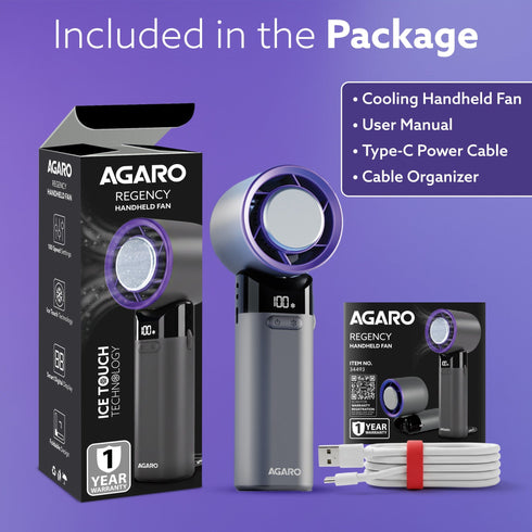 Regency Mini Handheld Fan with Ice Touch Technology, 100 Adjustable Speeds, 4000mAh Rechargeable Battery, USB-C Charging, Foldable Portable Fan with Smart Digital Display, Use for Home