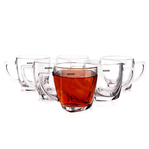 Elegant Glass Cup, 200ml, Set of 6, Crystal Clear Espresso Coffee Cup, Toughened Glass Wall with Handle, for Hot Cofee, Cappuccino, Milk, Latte, Green Tea & Black Tea