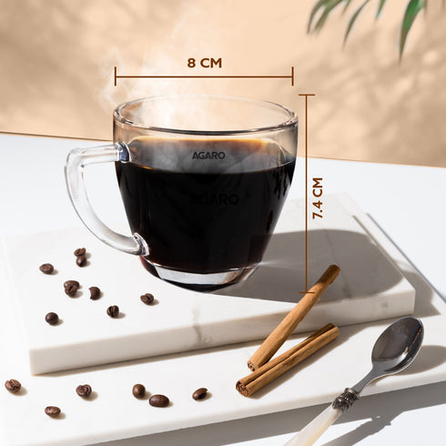 Elegant Glass Cup, 200ml, Set of 6, Crystal Clear Espresso Coffee Cup, Toughened Glass Wall with Handle, for Hot Cofee, Cappuccino, Milk, Latte, Green Tea & Black Tea