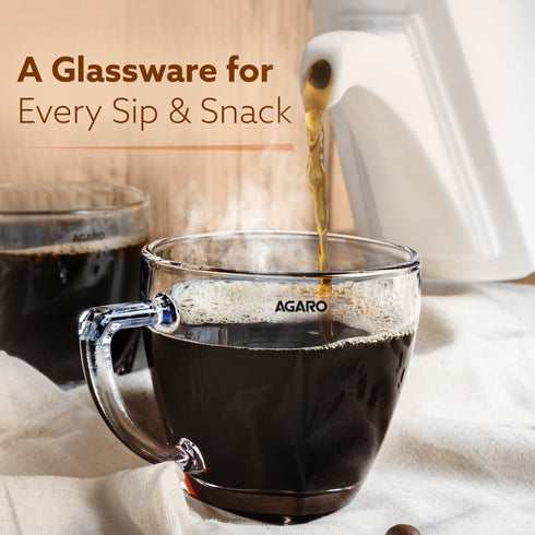 Elegant Glass Cup, 200ml, Set of 6, Crystal Clear Espresso Coffee Cup, Toughened Glass Wall with Handle, for Hot Cofee, Cappuccino, Milk, Latte, Green Tea & Black Tea