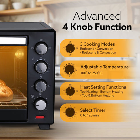 Marvel 48 Liters Oven Toaster Griller, Motorised Rotisserie and Convection Cake Baking OTG with 3 Heating Mode, (Black)