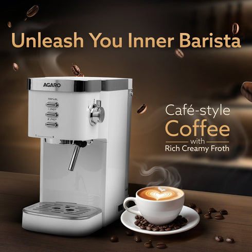 Regency Espresso Coffee Maker, Adjustable Pressure up to 20 Bars, Cappuccino Coffee Maker with Adjustable Foaming Milk Frother Wand for Steam Espresso, 1.2L Removable Water Tank, 1350W, White