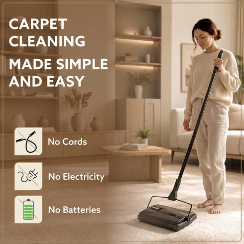 Delite Manual Carpet Cleaner for Pet Hair Rugs Mattresses – No Batteries, Push & Pull, Tangle-Free Brush, Easy-Dump Dustbin (Not for Hard Floors)