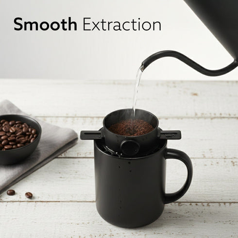 Pour Over Coffee Maker with Double Mesh Filter, Food Grade 304 Stainless Steel & Plastic Coffee Dripper, 100% Paperless, Foldable-Portable & Easy to Clean, Retains True Coffee Flavour