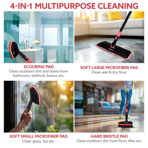 Elite Cleaning Mop & Brush Set, Bathroom Cleaning Brush with Long Handle, Hard Brush Microfiber Pad & Scrubber Combo For Tiles, Kitchen, Toilet, Window Glass, Extendable Pole, Detachable Head, Black & Red