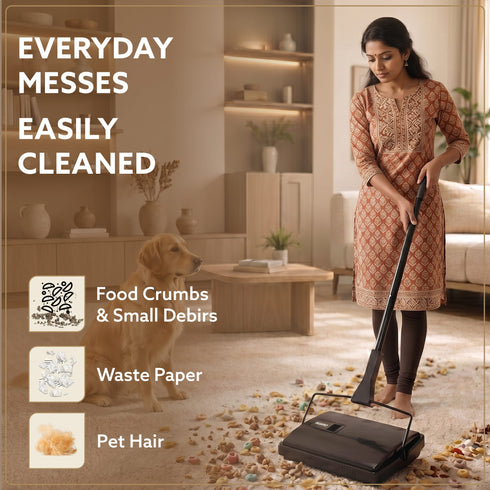 Delite Manual Carpet Cleaner for Pet Hair Rugs Mattresses – No Batteries, Push & Pull, Tangle-Free Brush, Easy-Dump Dustbin (Not for Hard Floors)