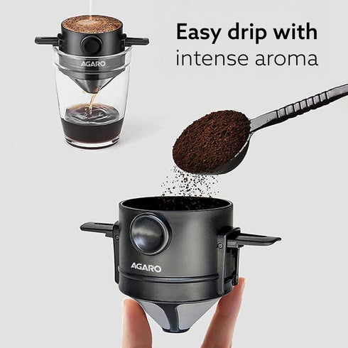 Pour Over Coffee Maker with Double Mesh Filter, Food Grade 304 Stainless Steel & Plastic Coffee Dripper, 100% Paperless, Foldable-Portable & Easy to Clean, Retains True Coffee Flavour