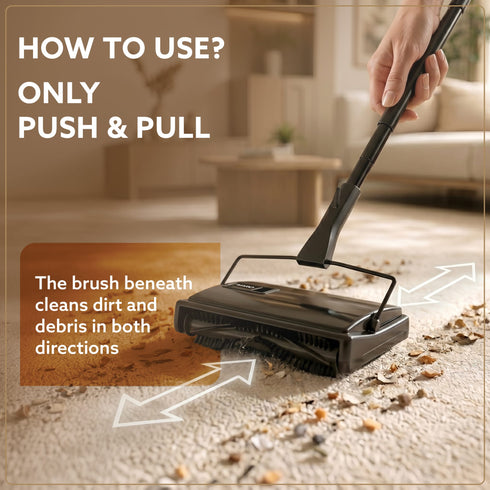 Delite Manual Carpet Cleaner for Pet Hair Rugs Mattresses – No Batteries, Push & Pull, Tangle-Free Brush, Easy-Dump Dustbin (Not for Hard Floors)