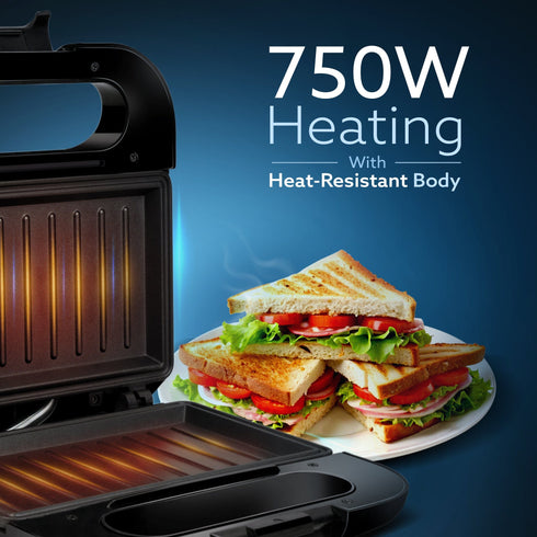 Primo Sandwich Maker, Non Stick Coated Grill Plates, 750W, 90 Degrees Openable Plate, Automatic Cut Off, LED Display, Black
