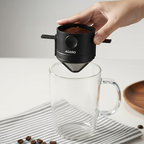 Pour Over Coffee Maker with Double Mesh Filter, Food Grade 304 Stainless Steel & Plastic Coffee Dripper, 100% Paperless, Foldable-Portable & Easy to Clean, Retains True Coffee Flavour