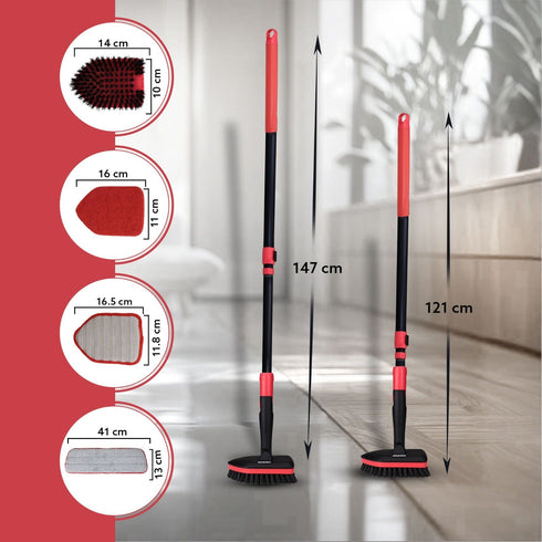 Elite Cleaning Mop & Brush Set, Bathroom Cleaning Brush with Long Handle, Hard Brush Microfiber Pad & Scrubber Combo For Tiles, Kitchen, Toilet, Window Glass, Extendable Pole, Detachable Head, Black & Red