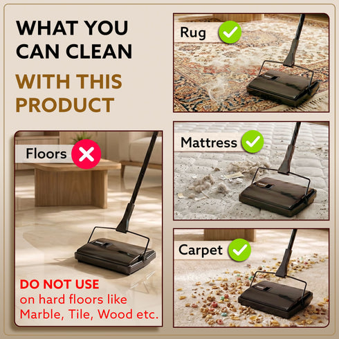 Delite Manual Carpet Cleaner for Pet Hair Rugs Mattresses – No Batteries, Push & Pull, Tangle-Free Brush, Easy-Dump Dustbin (Not for Hard Floors)